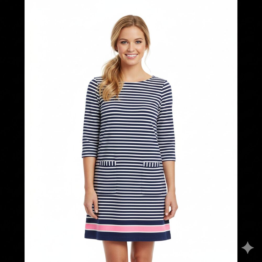 Lilly Pulitzer Navy & White‎ Striped Shift Dress with Pink Hem – Size Small